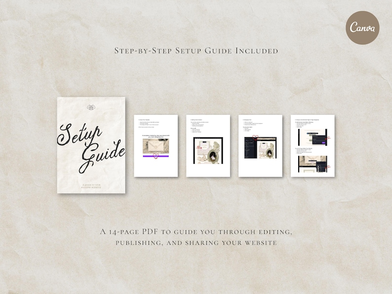 May include: A digital setup guide document featuring a cover page with the text Setup Guide and four interior pages displaying instructional steps, screenshots, and diagrams for website editing, publishing, and sharing, with a Canva logo.