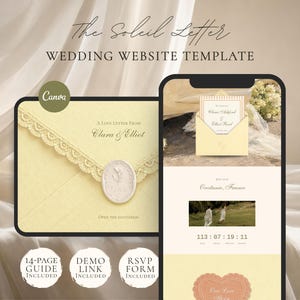 Puede incluir: Una plantilla digital de sitio web de bodas titulada The Soleil Letter, que muestra un sobre amarillo pálido con borde de encaje y sello de cera en la pantalla de un teléfono inteligente, junto a un logo de Canva e iconos informativos.