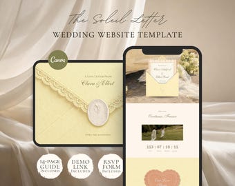 May include: A digital wedding website template titled The Soleil Letter, featuring a pale yellow envelope with lace trim and a wax seal, displayed on a smartphone screen alongside a Canva logo, 14-page guide, demo link, and RSVP form icons.
