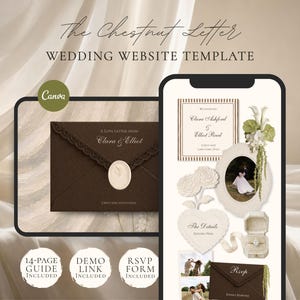 May include: A digital wedding website template titled The Chestnut Letter, featuring a dark brown envelope with a wax seal, a mobile phone display showing wedding details, floral accents, a ring box, and photos of a couple on a cream background.