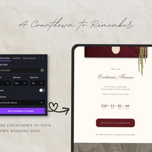 May include: A digital interface showing a countdown timer setup menu with a target date of 01/01/2027, alongside a wedding invitation preview featuring the text A Countdown to Remember, Occitanie, France, and a countdown clock showing 210:11:01:40.