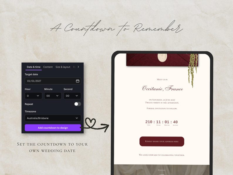 May include: A digital interface showing a countdown timer setup menu with a target date of 01/01/2027, alongside a wedding invitation preview featuring the text A Countdown to Remember, Occitanie, France, and a countdown clock showing 210:11:01:40.