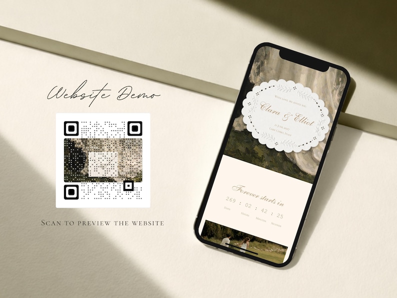 Puede incluir: Un tel&eacute;fono inteligente que muestra una demostraci&oacute;n de sitio web de bodas con un temporizador de cuenta regresiva y los nombres Clara & Elliot. Junto al tel&eacute;fono hay un c&oacute;digo QR cuadrado con el texto Website Demo y Scan to preview the website.
