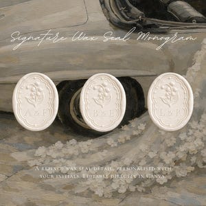 May include: Three off-white wax seals with floral designs and initials, arranged in front of a vintage car. The seals read "A&F", "B&E", and "L&R". The text "Signature Wax Seal Monogram" and "A refined wax seal detail, personalised with your initials, editable directly in Canva" are also visible.