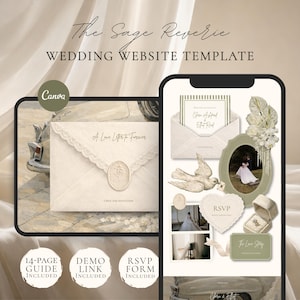 Puede incluir: Una plantilla de sitio web de bodas que se muestra en un teléfono y una tableta. El diseño presenta una combinación de colores crema y verde con elementos como un sobre, una paloma y una foto de una novia. El texto incluye "The Sage Reverie" y "Wedding Website Template".