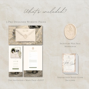 May include: An image showcasing elements for a website design. It includes three pre-designed website pages, a signature wax seal monogram, and a step-by-step setup guide. The design has a vintage aesthetic with soft colors and elegant typography.