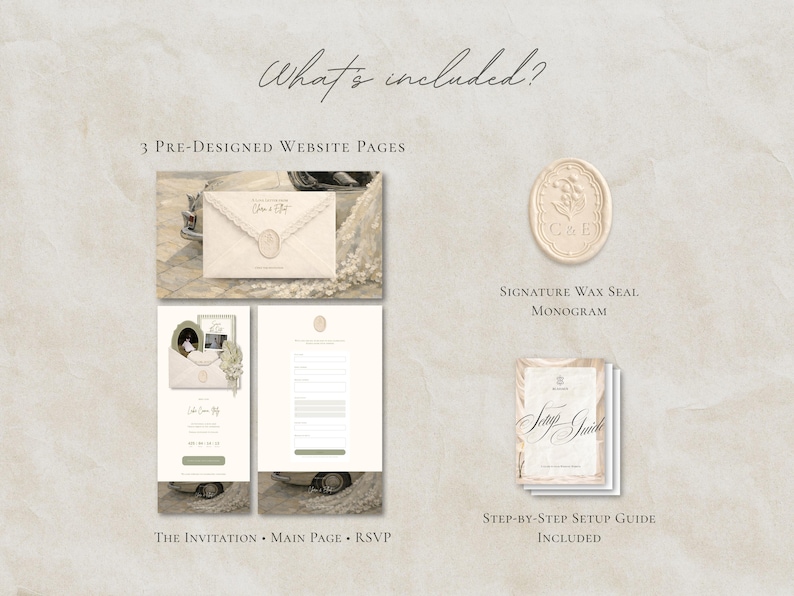 May include: An image showcasing elements for a website design. It includes three pre-designed website pages, a signature wax seal monogram, and a step-by-step setup guide. The design has a vintage aesthetic with soft colors and elegant typography.