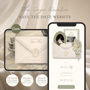 Puede incluir: Maqueta digital de un sitio web y una invitación de boda de reserva de fecha. El diseño presenta una paleta de colores suaves y neutros con fuentes elegantes y una estética vintage. El sitio web muestra fotos, detalles del evento y un formulario de confirmación.