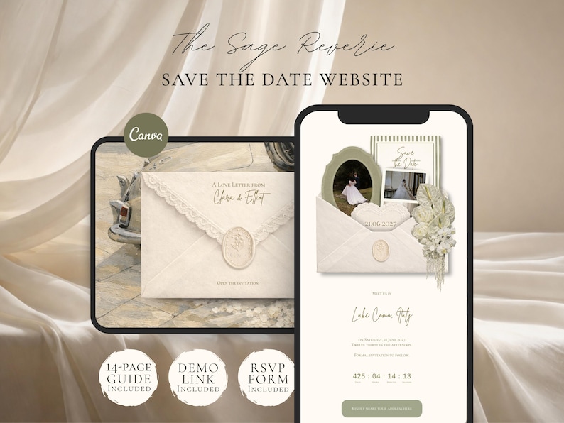 May include: A digital mockup of a wedding save-the-date website and invitation. The design features a soft, neutral color palette with elegant fonts and a vintage aesthetic. The website displays photos, event details, and an RSVP form.