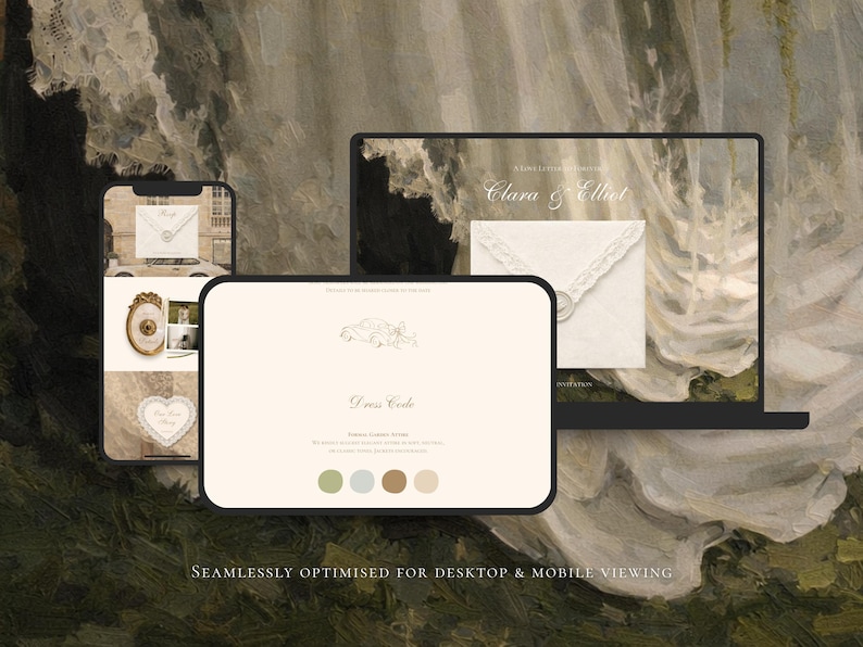 Puede incluir: Una pantalla digital que muestra una plantilla de sitio web de bodas en un port&aacute;til, una tableta y un tel&eacute;fono inteligente. Las pantallas muestran los nombres Clara & Elliot, un sobre blanco con sello de cera, una secci&oacute;n de c&oacute;digo de vestimenta y una paleta de colores salvia, azul, bronceado y crema.