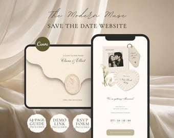 May include: A digital save the date website template featuring a cream-colored envelope with a wax seal and a smartphone display showing a wedding announcement with a black and white photo, a heart-shaped card, and a countdown timer in a neutral palette.