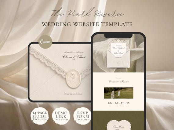 Pearl & Ivory Wedding Website Template Canva | Digital Wedding Invitation with RSVP | Instant Download