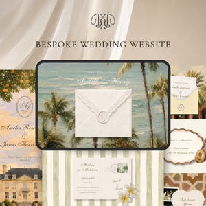 May include: A digital display of a bespoke wedding website featuring multiple invitation designs, including a coastal painting with a wax-sealed envelope, a French chateau illustration, a striped postcard, and various decorative cards with floral motifs.