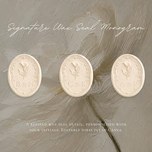 Może przedstawiać: Trzy owalne, kremowe pieczęcie lakowe z ilustracją lilii calla oraz inicjałami B&N, C&E i A&P. Widoczny jest tekst "Signature Wax Seal Monogram" oraz "A REFINED WAX SEAL DETAIL, PERSONALISED WITH YOUR INITIALS. EDITABLE DIRECTLY IN CANVA.".