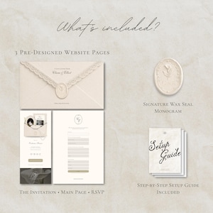 Puede incluir: Un conjunto de papeler&iacute;a digital con tres p&aacute;ginas web predise&ntilde;adas etiquetadas como The Invitation, Main Page y RSVP. Incluye un monograma de sello de cera caracter&iacute;stico y una gu&iacute;a de configuraci&oacute;n paso a paso en tonos crema neutros.
