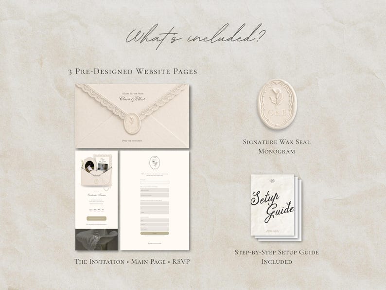 Puede incluir: Un conjunto de papeler&iacute;a digital con tres p&aacute;ginas web predise&ntilde;adas etiquetadas como The Invitation, Main Page y RSVP. Incluye un monograma de sello de cera caracter&iacute;stico y una gu&iacute;a de configuraci&oacute;n paso a paso en tonos crema neutros.