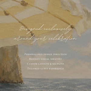 May include: An oil painting of a yellow and white striped beach umbrella over a rocky cliff and ocean. Text reads: Designed exclusively around your celebration, Personalised design direction, Refined visual identity, Custom layouts & sections, Tailored guest experience.
