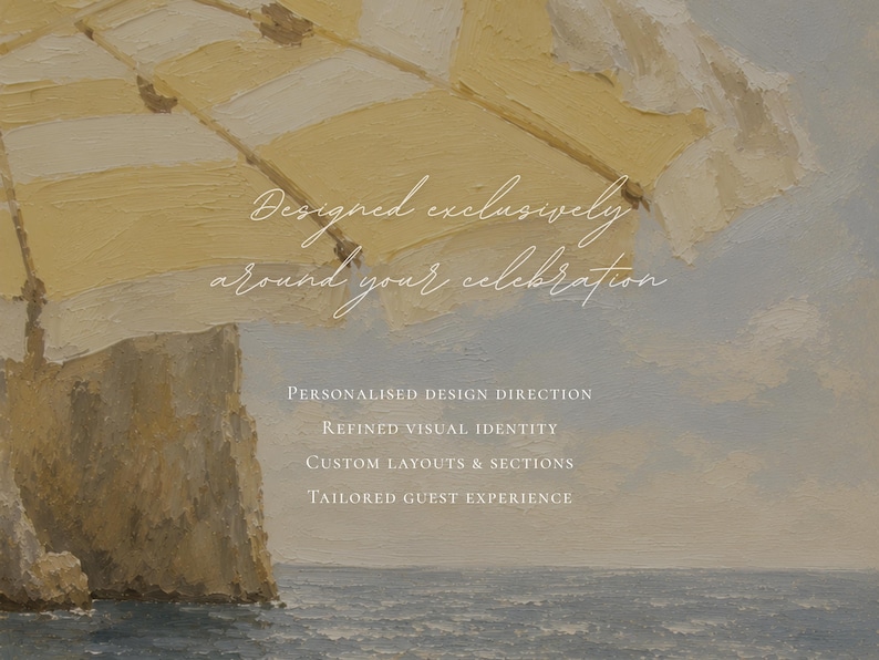 May include: An oil painting of a yellow and white striped beach umbrella over a rocky cliff and ocean. Text reads: Designed exclusively around your celebration, Personalised design direction, Refined visual identity, Custom layouts & sections, Tailored guest experience.
