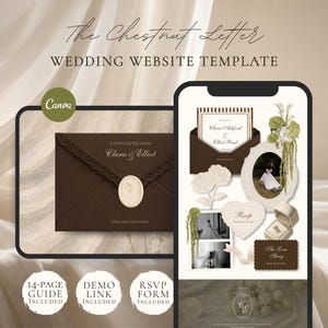 May include: A digital wedding website template titled The Chestnut Letter, featuring a dark brown envelope with a wax seal, a mobile phone display showing wedding invitation elements, floral graphics, and text including 14-page guide included.