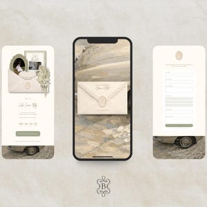 May include: Three mobile phone screens displaying a wedding invitation design. The design features an envelope with a wax seal, a photo, and the text "Save the Date." The color palette is neutral with beige, cream, and olive green accents.