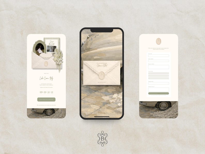 May include: Three mobile phone screens displaying a wedding invitation design. The design features an envelope with a wax seal, a photo, and the text "Save the Date." The color palette is neutral with beige, cream, and olive green accents.
