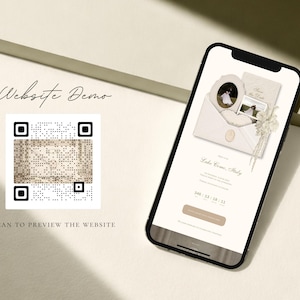 May include: A smartphone displaying a wedding website demo with a cream-colored envelope, floral accents, and the text Lake Como, Italy. To the left, a square QR code is displayed with the text Website Demo and Scan to preview the website.