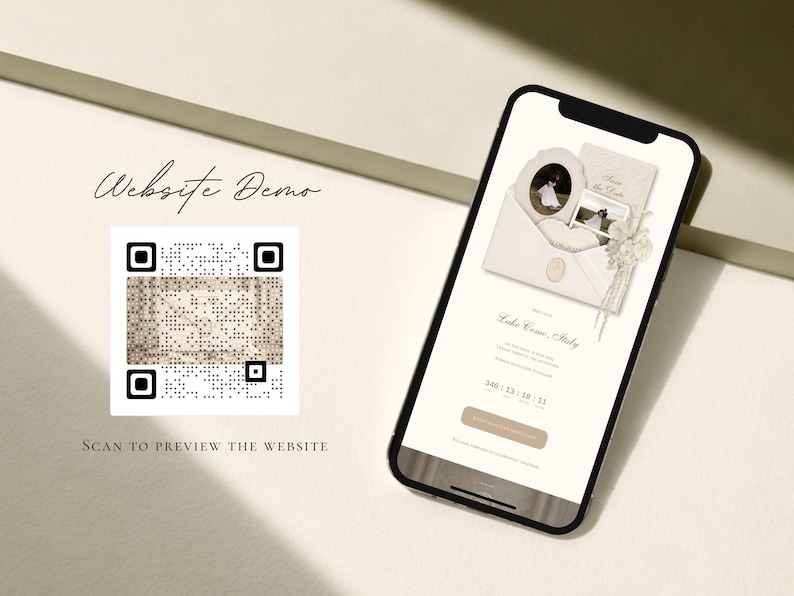 May include: A smartphone displaying a wedding website demo with a cream-colored envelope, floral accents, and the text Lake Como, Italy. To the left, a square QR code is displayed with the text Website Demo and Scan to preview the website.