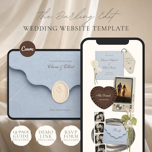 Op de afbeelding: Een digitale trouwwebsite-sjabloon genaamd The Darling Edit, met een lichtblauwe envelop met een waszegel, een smartphonescherm met trouwdetails, foto's, een hartvormige afbeelding en de tekst 14-page guide included.