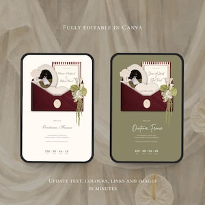 May include: Two rectangular digital wedding invitation templates with rounded corners. Each features a dark red envelope graphic containing a photo frame, a card with text, and floral accents. The text includes "Fully Editable in Canva" and "Occitanie, France".