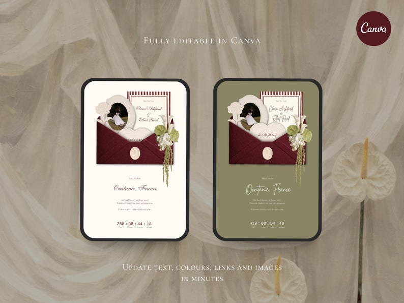 May include: Two rectangular digital wedding invitation templates with rounded corners. Each features a dark red envelope graphic containing a photo frame, a card with text, and floral accents. The text includes "Fully Editable in Canva" and "Occitanie, France".