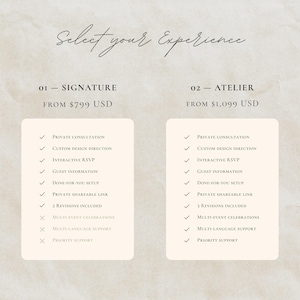 May include: A comparison chart titled Select your Experience featuring two columns labeled 01 SIGNATURE and 02 ATELIER. Each column lists service features with checkmarks or x-marks indicating inclusion or exclusion of specific options.