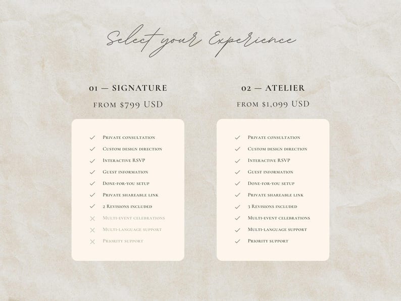 May include: A comparison chart titled Select your Experience featuring two columns labeled 01 SIGNATURE and 02 ATELIER. Each column lists service features with checkmarks or x-marks indicating inclusion or exclusion of specific options.