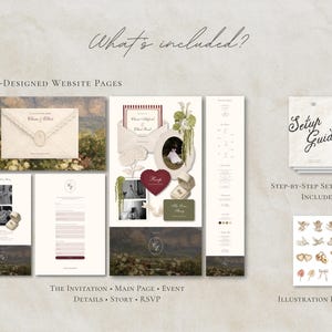 May include: A digital wedding website template set featuring five pre-designed pages titled The Invitation, Main Page, Event, Details, Story, and RSVP. Includes a step-by-step setup guide and an illustration library with various wedding-themed icons.