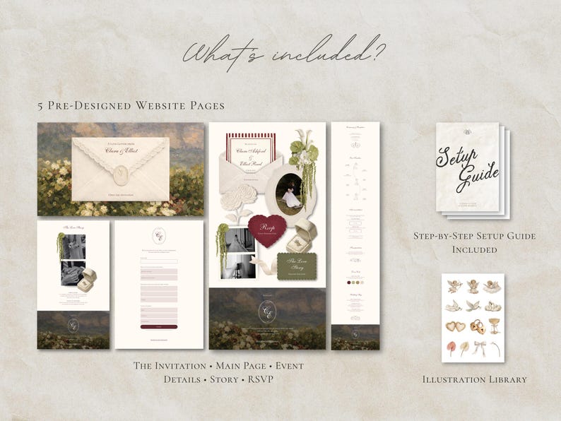 May include: A digital wedding website template set featuring five pre-designed pages titled The Invitation, Main Page, Event, Details, Story, and RSVP. Includes a step-by-step setup guide and an illustration library with various wedding-themed icons.