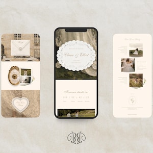 Puede incluir: Tres pantallas de tel&eacute;fono m&oacute;vil digitales que muestran plantillas de invitaci&oacute;n de boda con fondos crema, detalles florales y fotograf&iacute;as de una pareja. La pantalla central presenta el texto Clara & Elliot y un temporizador de cuenta atr&aacute;s.