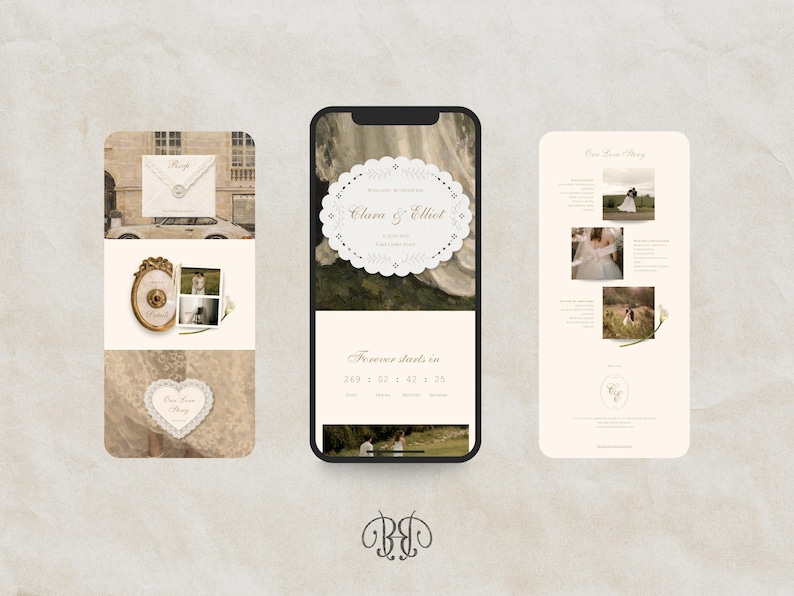 Puede incluir: Tres pantallas de tel&eacute;fono m&oacute;vil digitales que muestran plantillas de invitaci&oacute;n de boda con fondos crema, detalles florales y fotograf&iacute;as de una pareja. La pantalla central presenta el texto Clara & Elliot y un temporizador de cuenta atr&aacute;s.