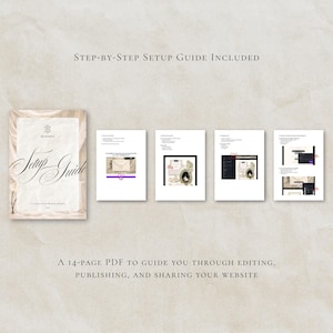 May include: A setup guide with the text "Setup Guide" and a 14-page PDF. The guide includes step-by-step instructions for editing, publishing, and sharing a website. The Canva logo is in the upper right corner.