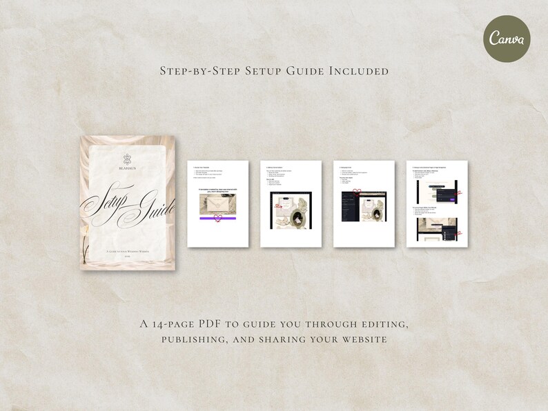 May include: A setup guide with the text "Setup Guide" and a 14-page PDF. The guide includes step-by-step instructions for editing, publishing, and sharing a website. The Canva logo is in the upper right corner.