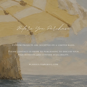 May include: An oil painting of a yellow and white striped beach umbrella over a rocky cliff and ocean. Text reads: Before You Purchase, CUSTOM PROJECTS ARE ACCEPTED ON A LIMITED BASIS. PLEASE CONTACT US PRIOR TO PURCHASING TO DISCUSS YOUR REQUIREMENTS AND CONFIRM AVAILABILITY. BLAHAUS.CO@GMAIL.COM
