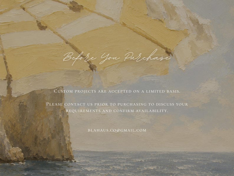 May include: An oil painting of a yellow and white striped beach umbrella over a rocky cliff and ocean. Text reads: Before You Purchase, CUSTOM PROJECTS ARE ACCEPTED ON A LIMITED BASIS. PLEASE CONTACT US PRIOR TO PURCHASING TO DISCUSS YOUR REQUIREMENTS AND CONFIRM AVAILABILITY. BLAHAUS.CO@GMAIL.COM