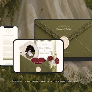 May include: A digital wedding invitation suite displayed on a laptop and smartphone screen. The design features olive green envelopes with lace trim, cream-coloured wax seals, floral accents, and text reading A Love Letter From Clara & Elliot.