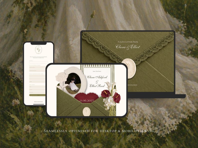 May include: A digital wedding invitation suite displayed on a laptop and smartphone screen. The design features olive green envelopes with lace trim, cream-coloured wax seals, floral accents, and text reading A Love Letter From Clara & Elliot.