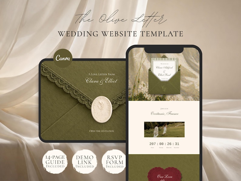 May include: A wedding website template titled The Olive Letter, featuring a digital display of an olive green envelope with a lace edge and wax seal, alongside a mobile phone screen showing invitation details, event location, and a countdown timer.