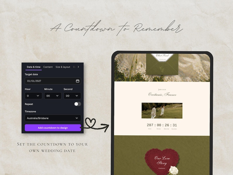 May include: A digital interface showing a countdown timer setup menu with date and time fields, alongside a preview of a wedding countdown webpage featuring the text A Countdown to Remember, Occitanie, France, and Our Love Story with a heart graphic.