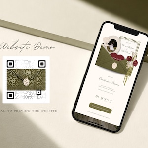 May include: A smartphone displaying a wedding website demo with an olive green envelope graphic, floral accents, and a countdown timer. To the left, a QR code features the same envelope design with the text Website Demo and Scan to Preview the Website.
