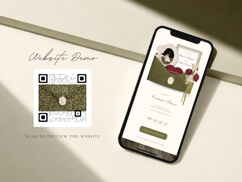 May include: A smartphone displaying a wedding website demo with an olive green envelope graphic, floral accents, and a countdown timer. To the left, a QR code features the same envelope design with the text Website Demo and Scan to Preview the Website.