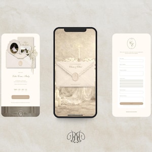 May include: A digital wedding invitation suite displayed on three mobile phone screens. The interface features cream-colored backgrounds, elegant serif typography, an envelope with a wax seal, a countdown timer, and a guest RSVP form with input fields.
