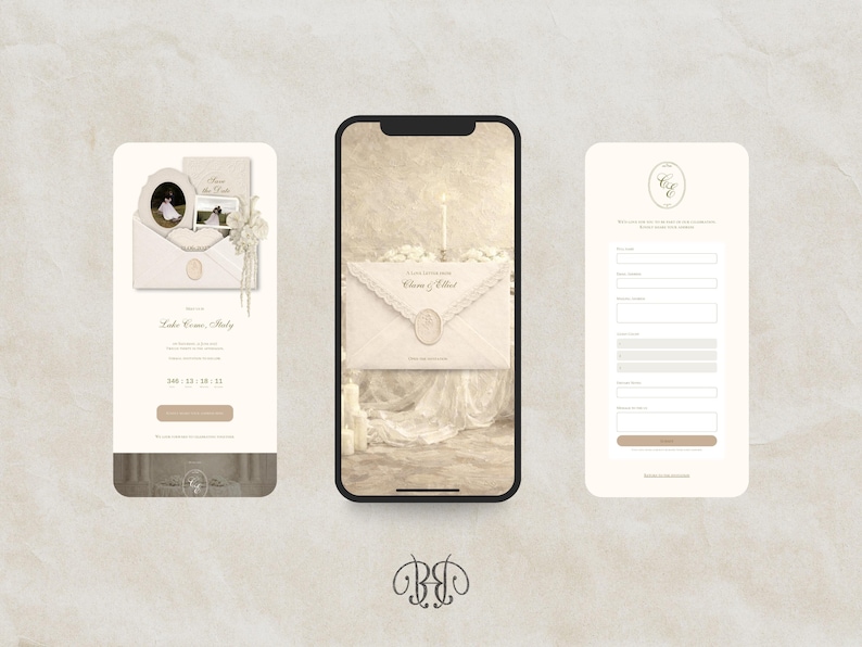 May include: A digital wedding invitation suite displayed on three mobile phone screens. The interface features cream-colored backgrounds, elegant serif typography, an envelope with a wax seal, a countdown timer, and a guest RSVP form with input fields.