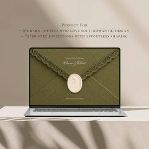 May include: A laptop screen displaying a digital invitation featuring an olive green envelope with a lace trim and a cream-coloured wax seal. The text reads A LOVE LETTER FROM Clara & Elliot and OPEN THE INVITATION. The background is a solid beige.