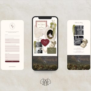 May include: Three digital mobile phone screens displaying a wedding website interface. The screens feature a form, a collage of wedding stationery, photos, a ring box, and a love story section with text, all presented in a neutral color palette.